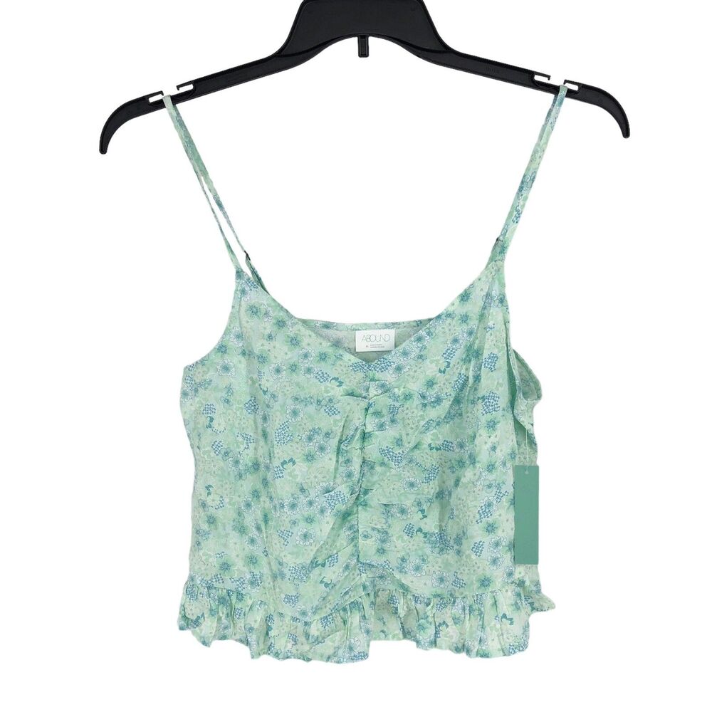Abound Ruched Front Blue Green Tarry Floral Ruffle-Hem Tank Camisole Small NWT